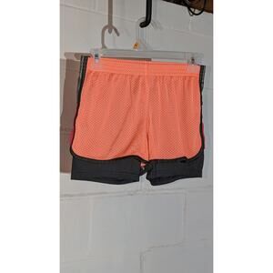 Girls Champion Athletic Shorts Black & Orange Layered Running Gym Activewear